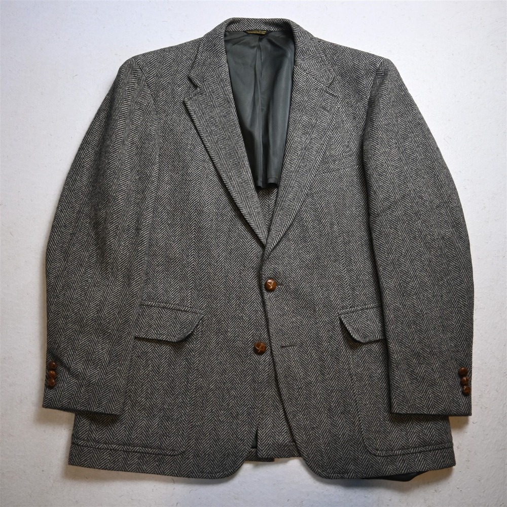 Vtg USA 42S Gray Herringbone 100% Wool Heavyweight Half Lined Tweed Mens Blazer